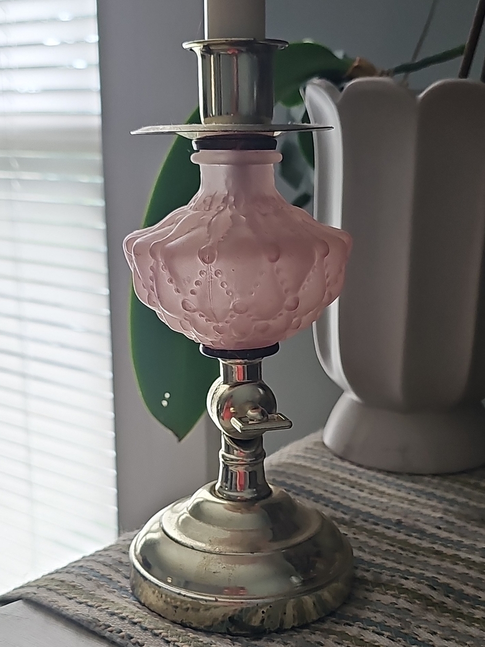 Pink Glass and Brass Candle Holder